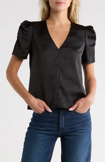FRAME V-Neck Puff Sleeve Top in Black at Nordstrom Rack, Size X-Large | Nordstrom Rack