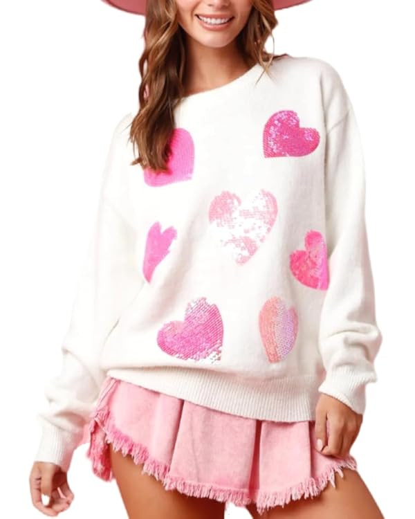 Women Sequin Valentine's Day Sweatshirt Cute Holiday Heart Crewneck Sweaters Sparkly Oversized Lo... | Amazon (US)