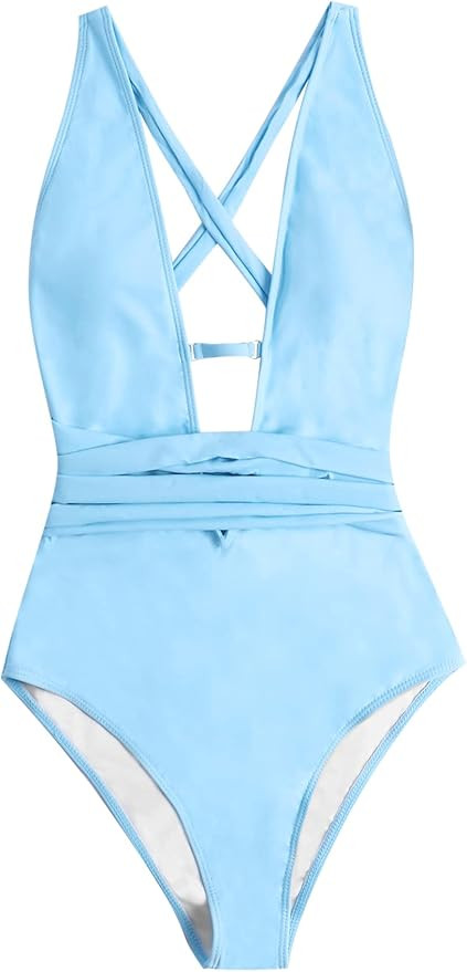 SweatyRocks Women's Sexy Basic Criss Cross Tie Knot Front Deep V Open Back One Piece Swimwear | Amazon (US)