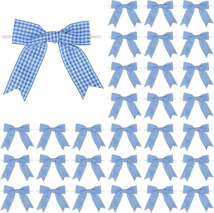 30 Pcs 3.5 Inches Gingham Ribbon Bows with Twist Tie Blue and White Buffalo Check Premade Craft B... | Amazon (US)