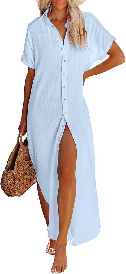 Long Button Down Beach Cover Up for Women Short Sleeve Swimsuit Coverup Bathing Suit Cover Ups | Amazon (US)