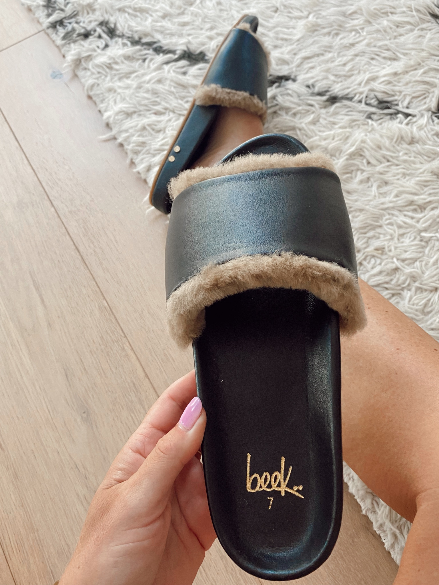 Leather and shearling slides. So cute and comfy for fall . If between sizes, size up. 

#LTKSeasonal #LTKshoecrush #LTKstyletip