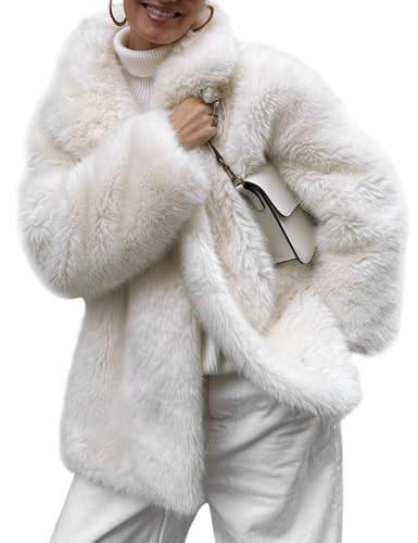 Wyeysyt Womens Faux Fur Coat Long Fluffy Shaggy Jacket Lapel Winter Furry Coats Fuzzy Outerwear(Beige-L) | Amazon (US)