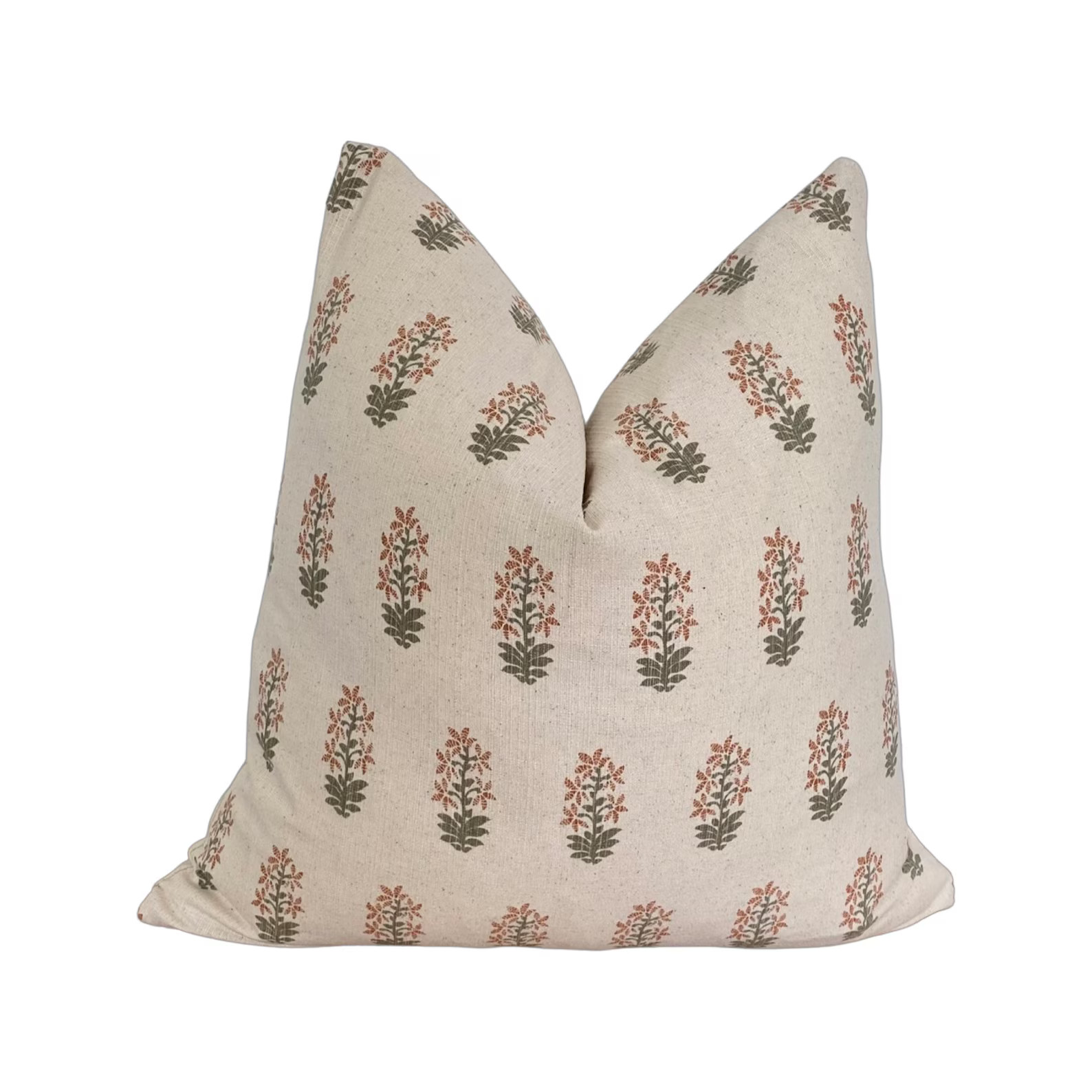 Cream Green and Rust Red Floral Print Throw Pillow Cover - Etsy | Etsy (US)