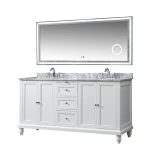 70 in. W x 23 in. D x 36 in. H Double Sink Freestanding Bath Vanity in White with White Carrara Marble Top and Mirror | The Home Depot