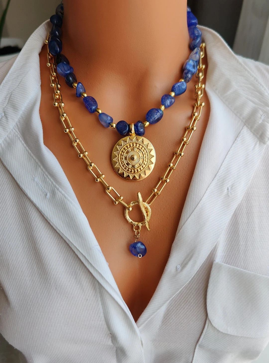 Stylish Set With Big Blue Lapis Stone, Unique Sky Blue Design, Brilliant Blue Stone Necklace, - E... | Etsy (US)
