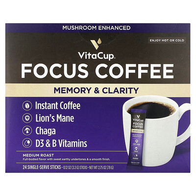 VitaCup, Focus Instant Coffee, Medium Roast, 24 Single-Serve Sticks, 0.12 oz (3.3 g) Each | iHerb