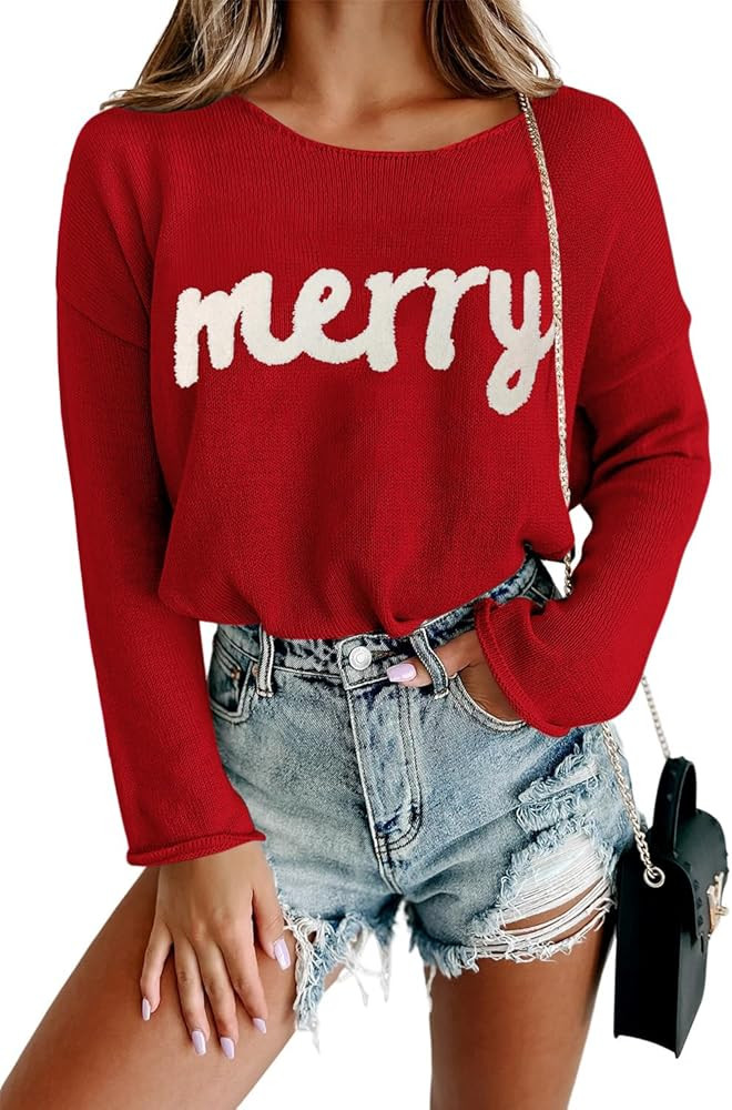 Women Merry Christmas Sweater Long Sleeve Xmas Knitted Top Funny Holiday Graphic Pullover Tops 20... | Amazon (US)