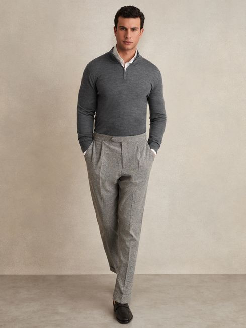 Reiss Mid Grey Melange Blackhall Merino Wool Half-Zip Funnel Neck Jumper | Reiss US