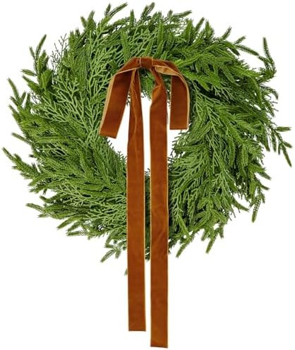 20 Inch Real Touch Norfolk Pine & Cedar Christmas Wreath with Brown Velvet Bow, Artificial Greene... | Amazon (US)