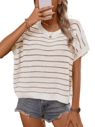 Short Sleeve Sweaters for Women 2026 Summer Casual Striped Cap Sleeve Tops Lightweight Hollow Out... | Amazon (US)