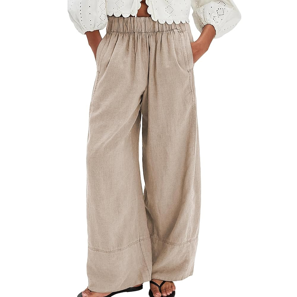 Linen Pants for Women Cotton Baggy Boho Casual Palazzo Pants Wide Leg Long Lounge Trousers with P... | Amazon (US)