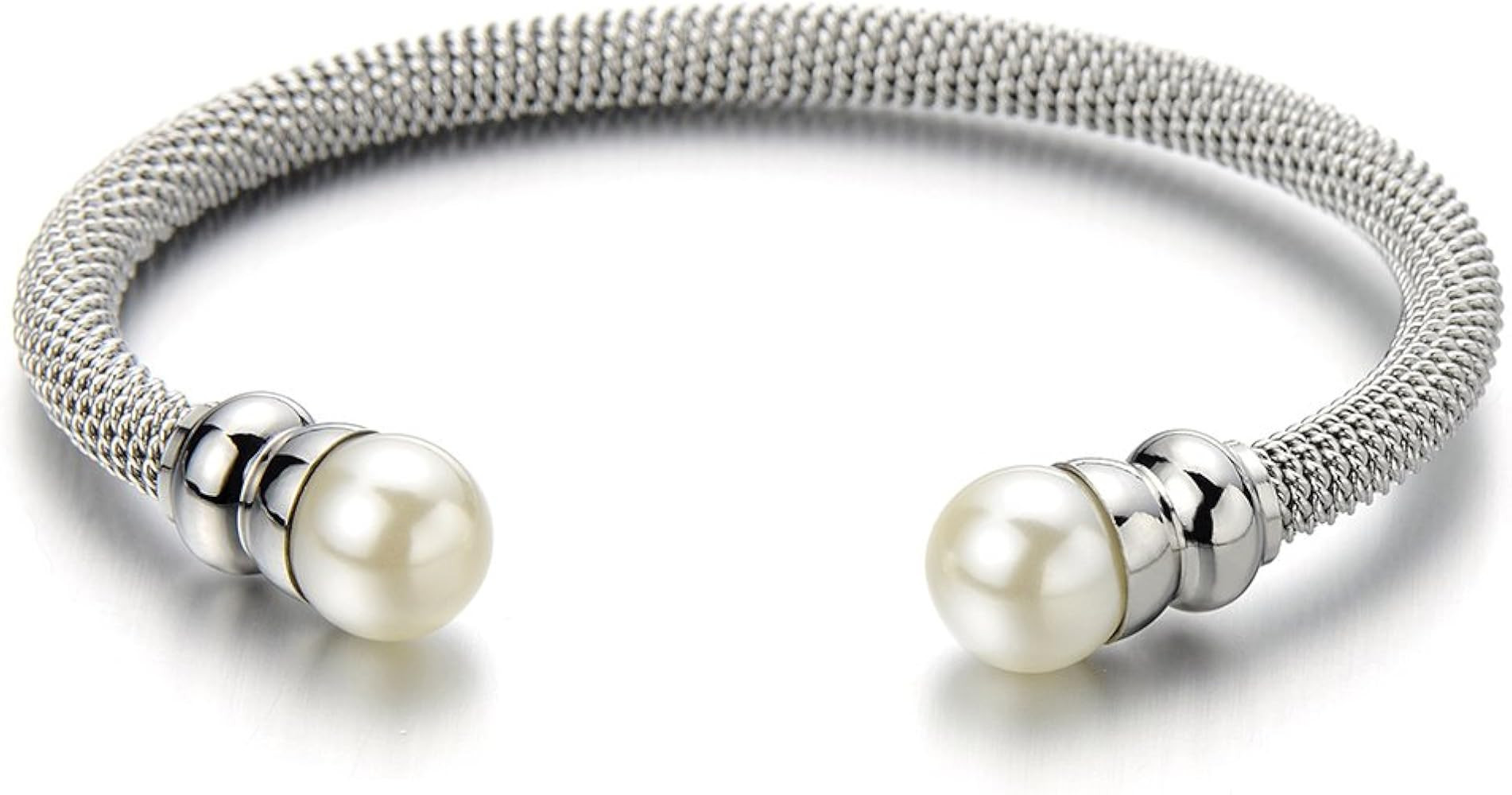 Classic Ladies Stainless Steel Bangle Bracelet with Synthetic White Pearl | Amazon (US)