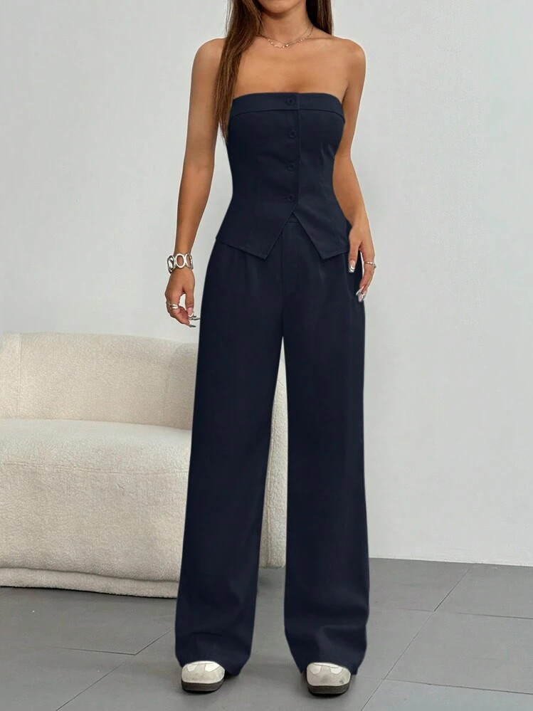 SHEIN MOOSTA 2pcs Women Solid Color Button Front Crop Top And Long Pants Casual Suit | SHEIN