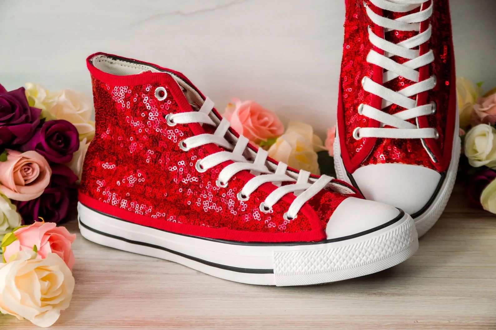 Red Sequin High Top Sneakers Custom Wedding Shoes Sparkle - Etsy UK | Etsy (UK)