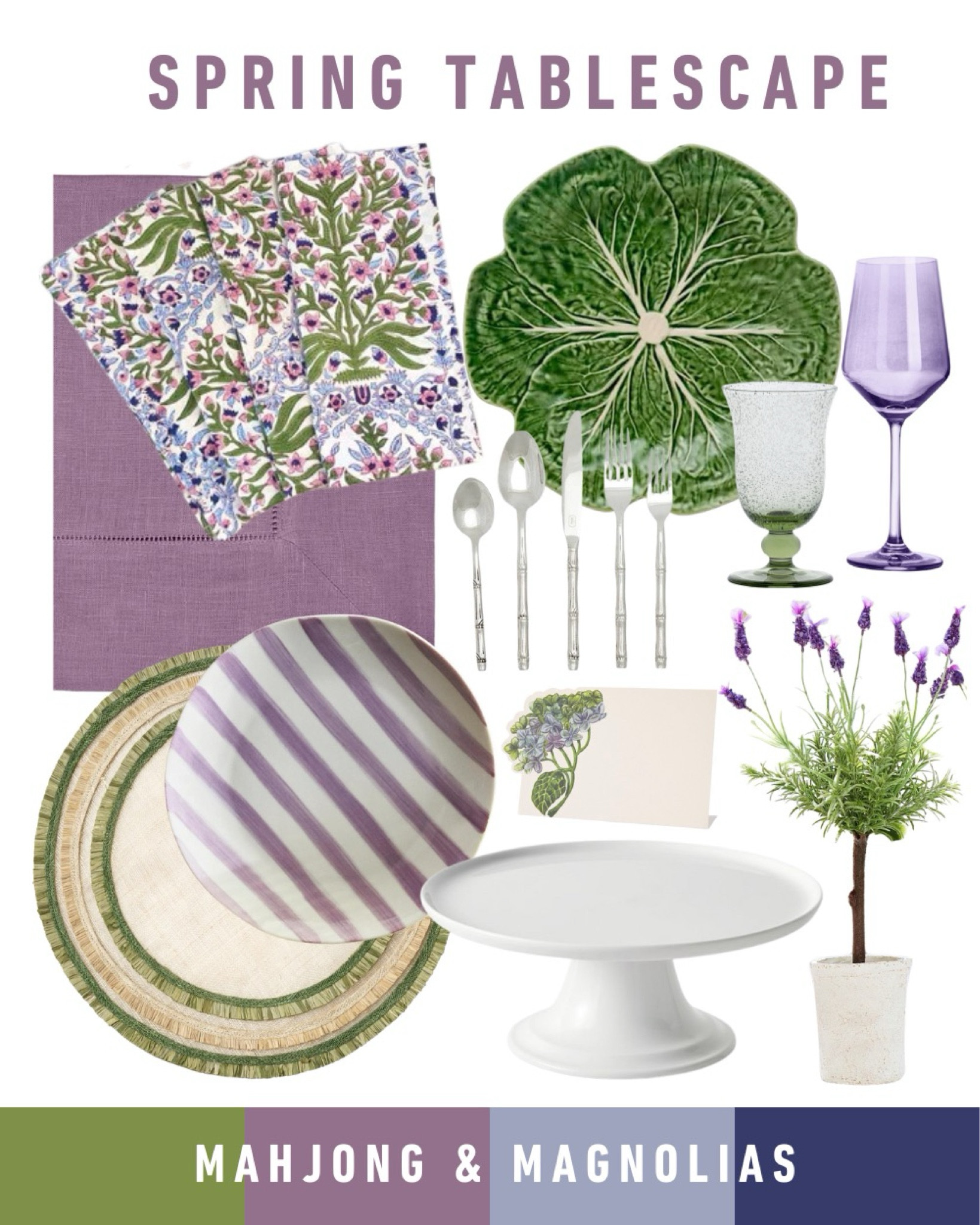 A spring tablescape in shades of purple with a touch of green. 

___

Tablecloth, cloth napkins, dinner plate, salad plate, placemat, flatware, placecards, cake stand, wine glasses, goblets, lavender, spring tablescape, mahjong 

#LTKSeasonal #LTKhome #LTKparties