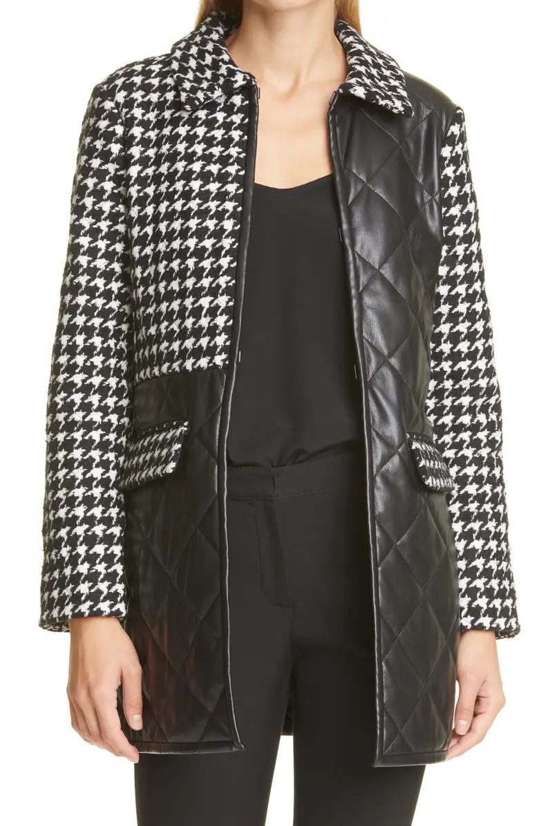 Susan Quilted Houndstooth & Faux Leather Peacoat | Nordstrom