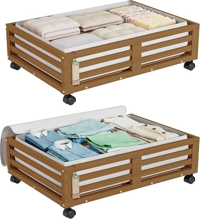 Wisuce Bamboo Under Bed Storage Containers- Underbed Organizer with Wheels with Large Dust Bag,St... | Amazon (US)