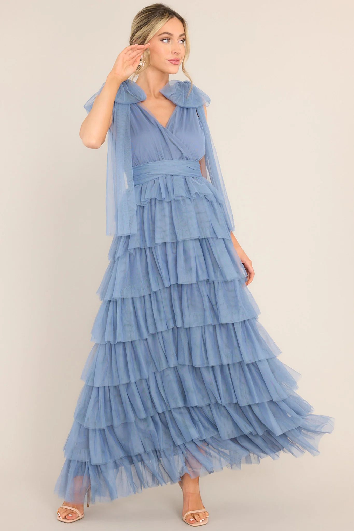 Creating Memories Ash Blue Tiered Tulle Maxi Dress | Red Dress