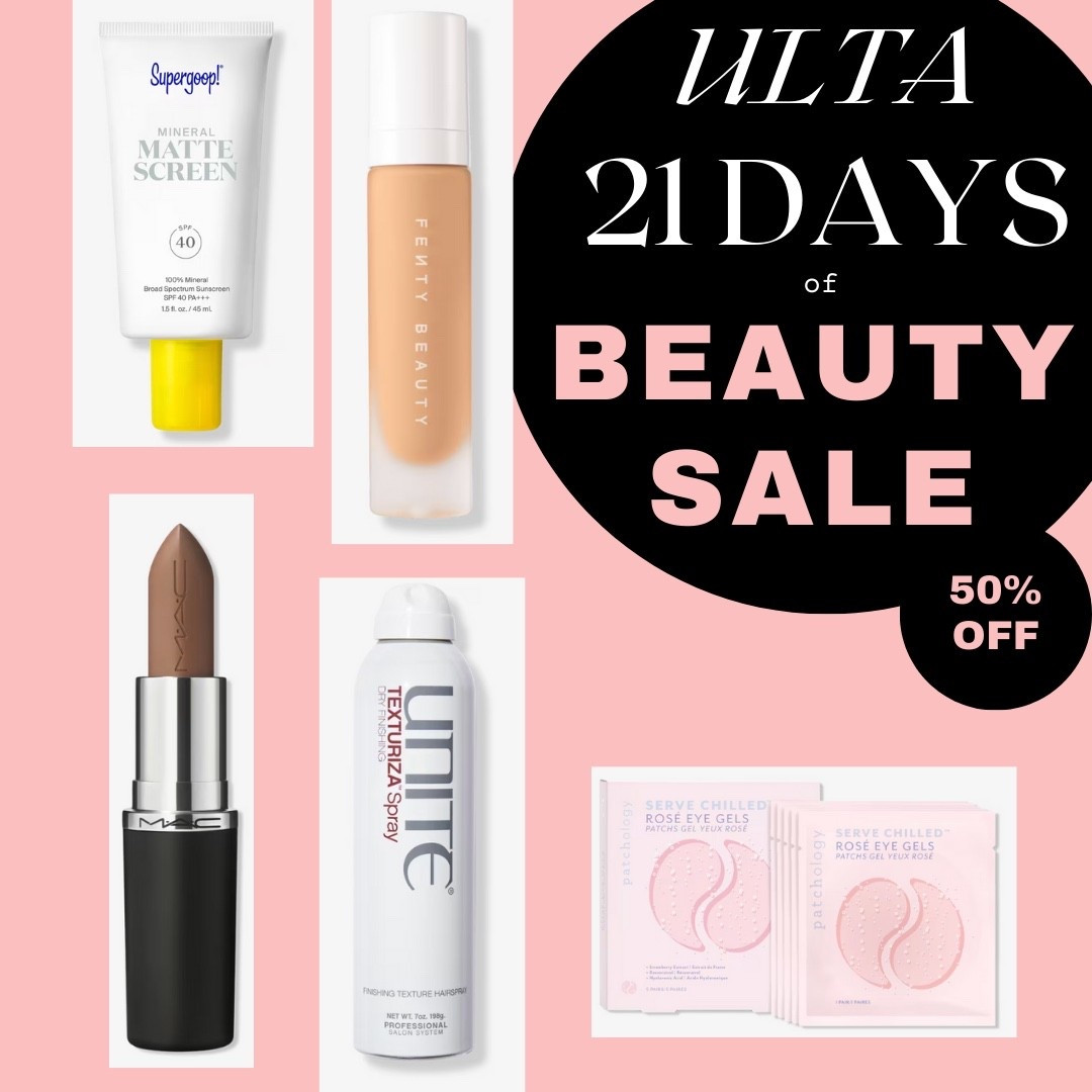 Ulta always has a special place in my heart since my mom took me starting in high school. So the 21 Days of Beauty Sale is a must for me. These are my top 5 picks for the sale:

Supergroup Mineral Mat Sunscreen on August 31st

Fenty Pro Filt'r Soft Matte Liquid
Foundation on September 6th

M•A•Cximal lipstick on September 6th

Patchology 5 Pack Eye Gels on September 15th (online only)

Unite Hair Styling Products on September 16th (online only)

What are you shopping this 21 Days of Beauty Sale?  #ulta21daysofbeautysale #ultafinds #ultafan

#LTKFindsUnder100 #LTKSaleAlert #LTKBeauty