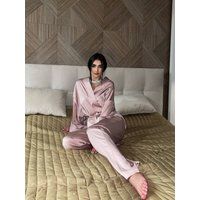 Light Pink Bridal Pajama Set, Pink Satin-Silk Pajama Set With Pants & Long Sleeve, Bridesmaid Pj Pan | Etsy (US)