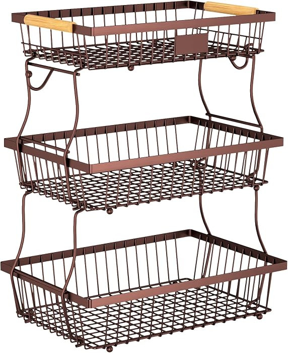 3 Tier Fruit Basket for Kitchen Counter with 2 Banana Hangers, Countertop Metal Fruit Bowl with W... | Amazon (US)