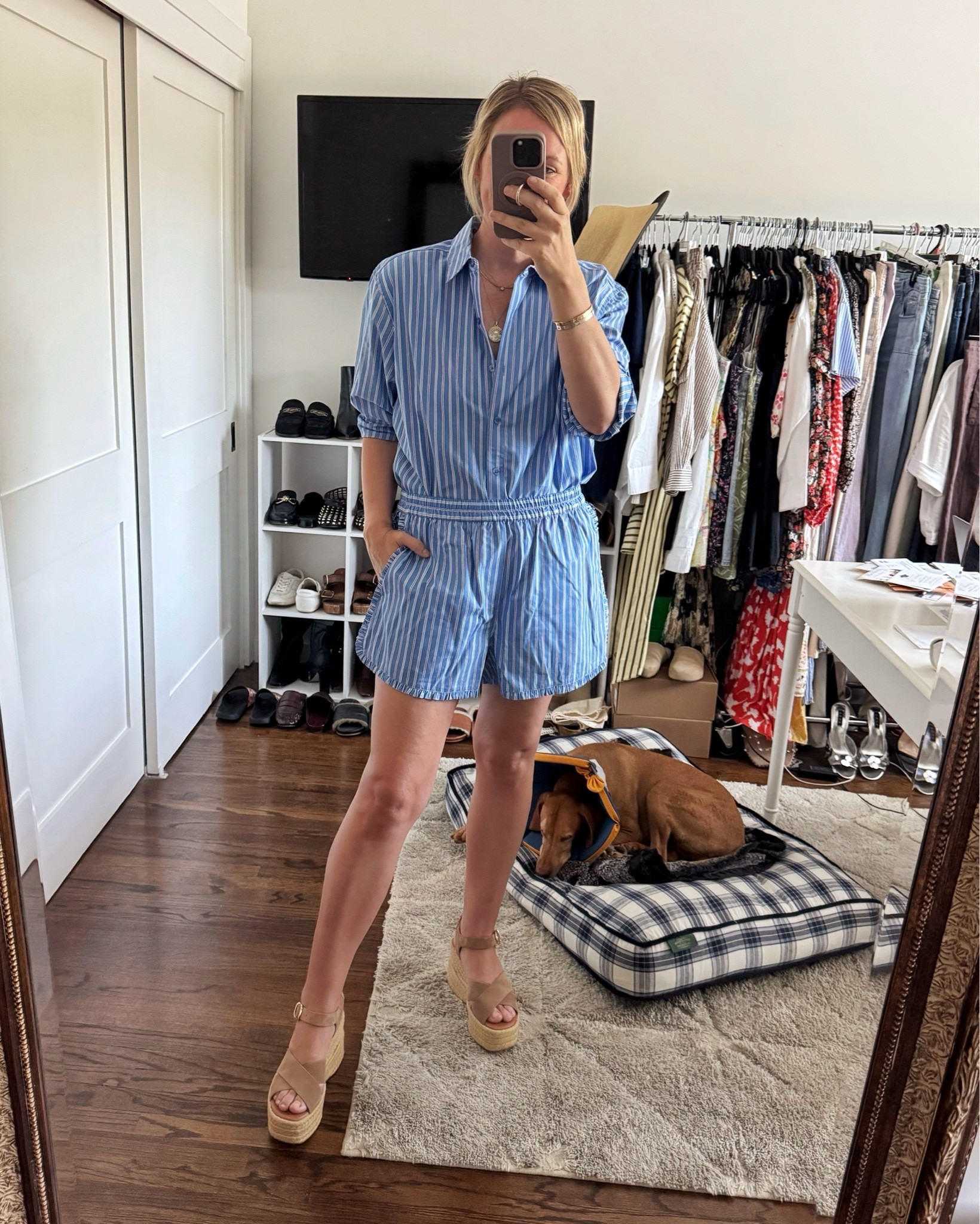 $48 striped set that is so lightweight and cute for summer. Wearing medium in the shorts, small in the shirt