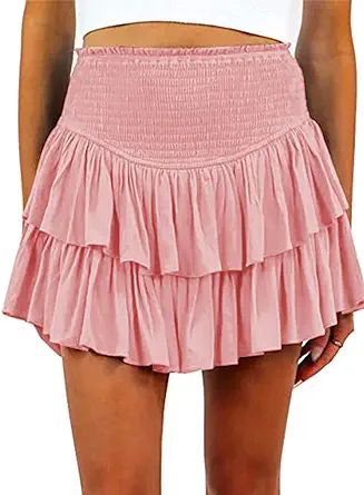 Hilomirics Women Mini Skirts Smocked A Line Flared Ruffle Hem Casual Short Skirt Shorts | Amazon (US)