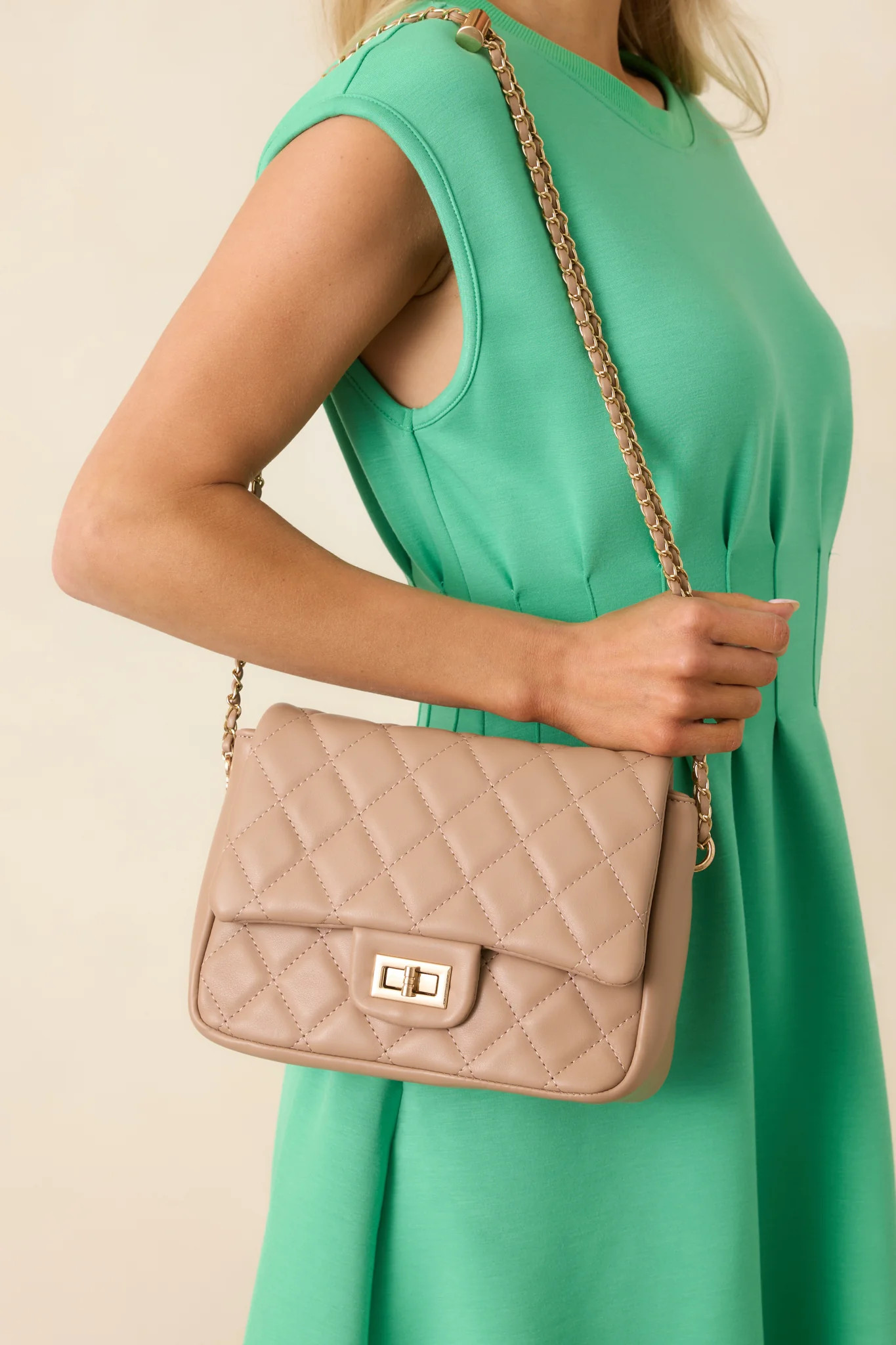 Everyday Pleasures Taupe Quilted Handbag | Red Dress