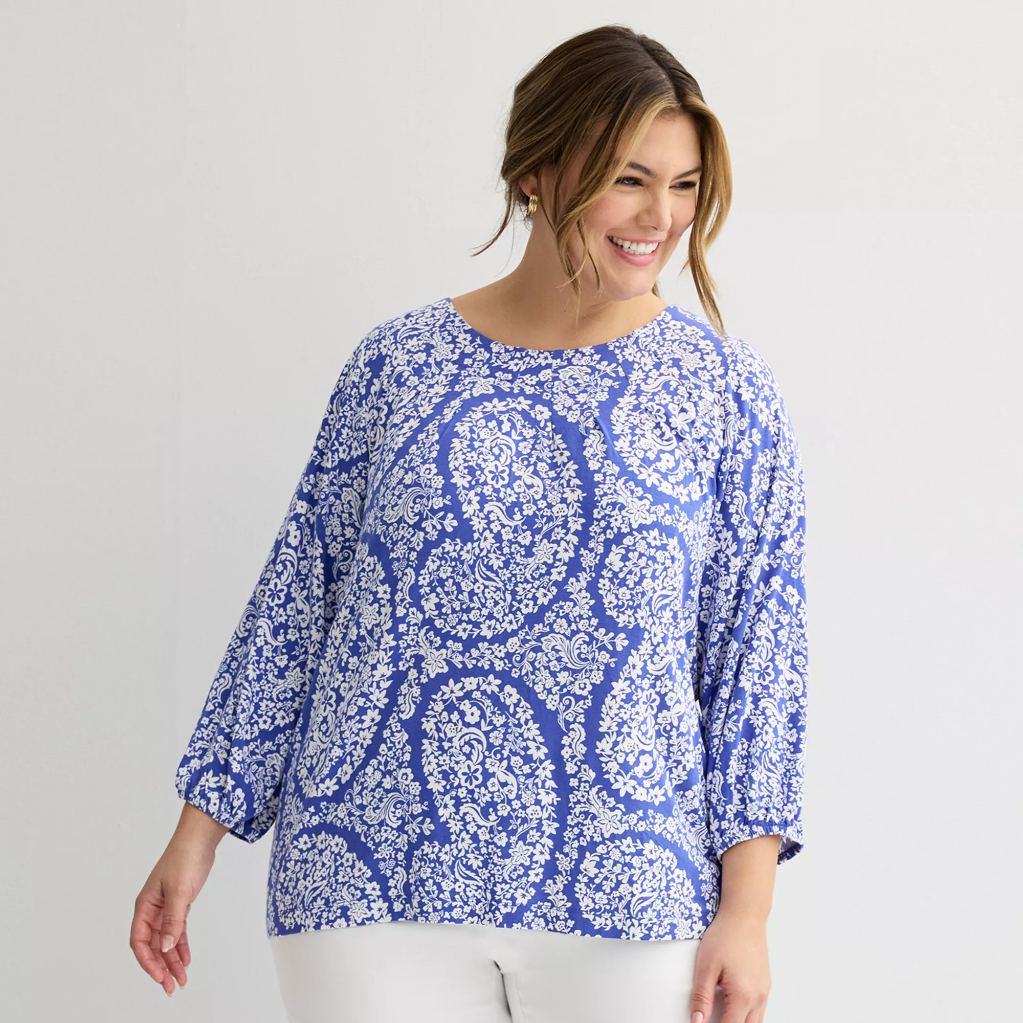 Plus Size Croft & Barrow® 3/4-Sleeve Pleated Top | Kohl's