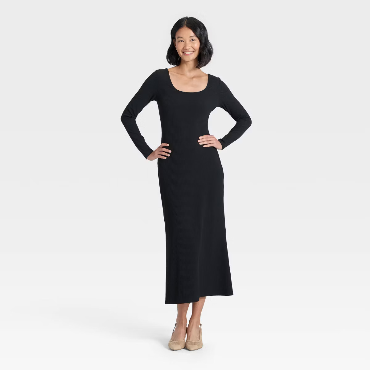 Women's Long Sleeve Rib-Knit Maxi Dress - A New Day™ Black XS | Target