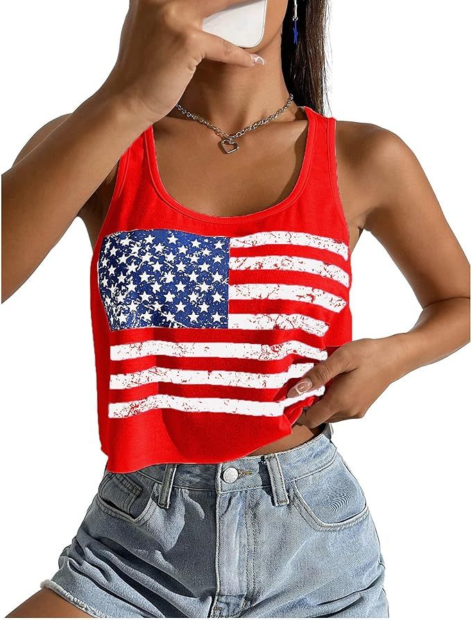 Women's Sexy American Flag Crop Tank 4th of July Patriotic Sleeveless Tee Tops | Amazon (US)