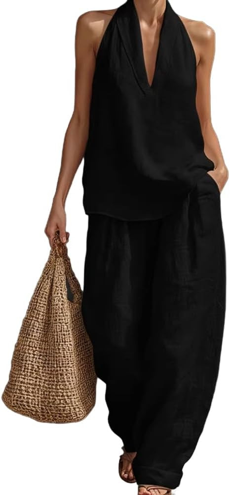 Linen Sets for Women 2 Piece,Outfits Sleeveless Linen Two Piece Set Women Wide Leg Pants Summer L... | Amazon (US)
