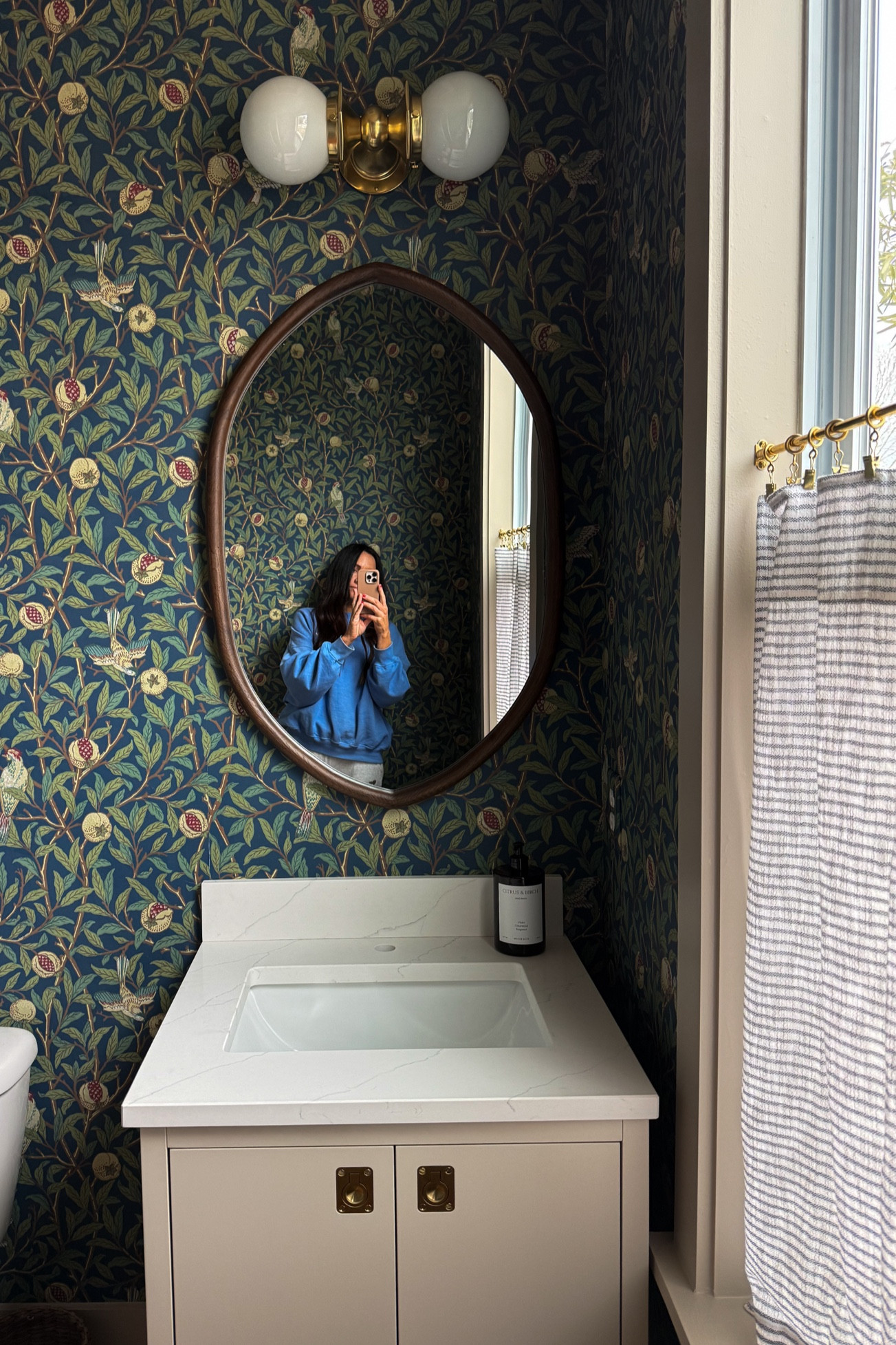 I’ve been dreaming of using this morris and co wallpaper for about 3 years now. It’s even better in person!! 

Powder bath wallpaper. Dark floral wallpaper. Moody wallpaper. Dark wood mirror. Kohler vanity. Powder bath Reno. Cafe curtains. Striped cafe curtains. 

#LTKHome #LTKU #LTKmomlife