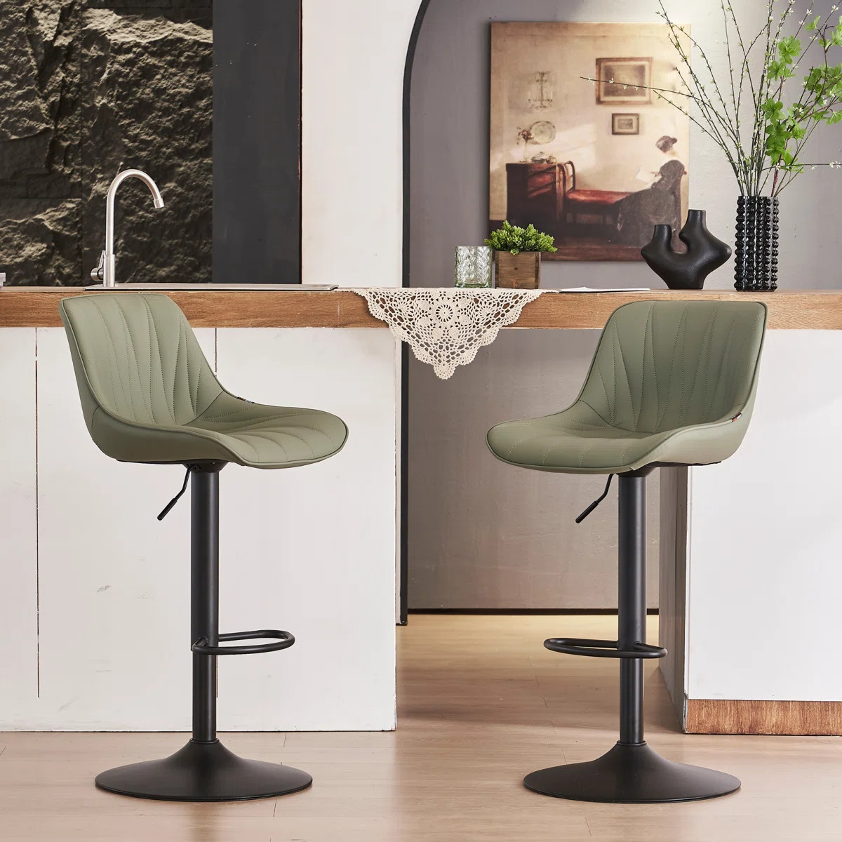 Modern Height Adjustable Swivel Bar Stools Upholstered Leather Barstool Kitchen Island Chairs wit... | Wayfair North America