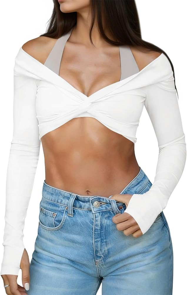 Yousify Womens Long Sleeve Workout Crop Tops Twist Deep V Neck Y2k Yoga Pilates Ballet T Shirt To... | Amazon (US)