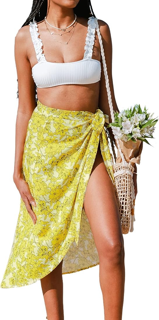 CUPSHE Women's Cover Up Floral Side Tie Sarong Yellow | Amazon (US)
