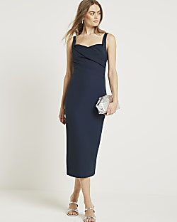 Navy ruched open back bodycon midi dress | River Island (UK & IE)