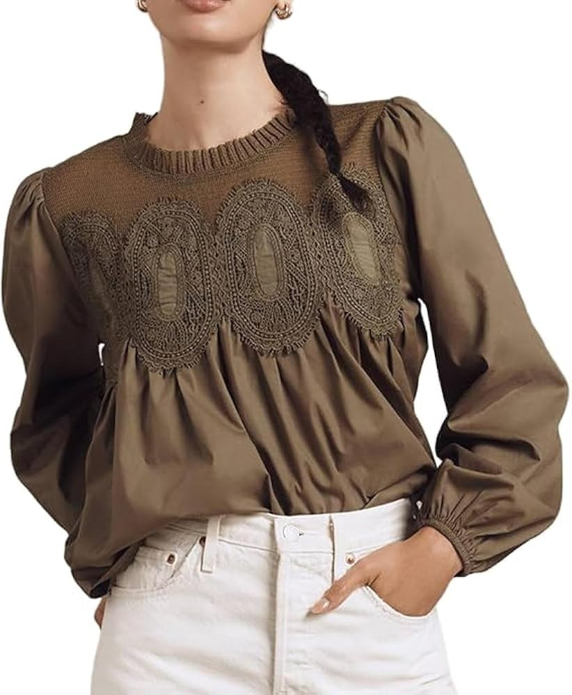 Women’s Lace Detail Flared Long Sleeve Blouse Lace Poplin Mesh Crew Neck Shirts Ruffle Swing El... | Amazon (US)