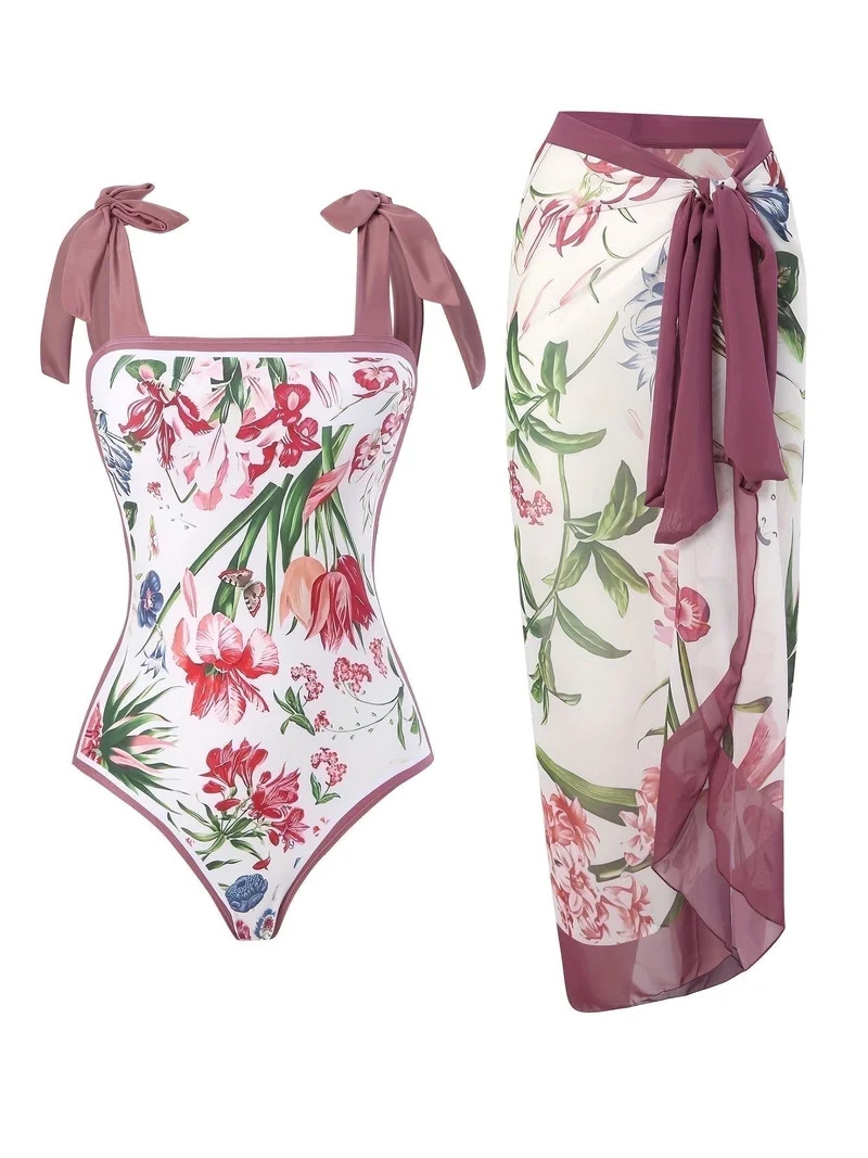 BERANMEY Women's Tropical Print One Piece Swimsuit with Cover up Beach Skirt Sarong Two Piece Flo... | Walmart (US)