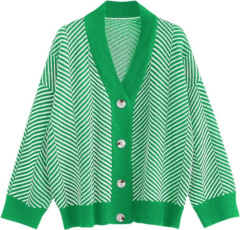 ZAFUL Women's Striped Cardigan Long Sleeve Button Up Open Front Knit Oversized Sweater | Amazon (US)