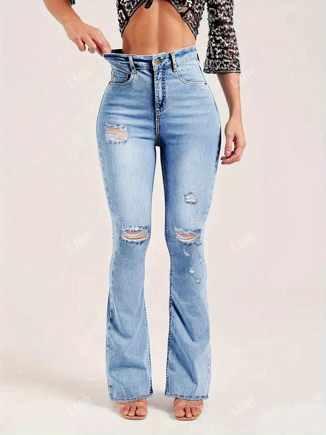 Slim Bootcut Jeans With Washed And Distressed Design | SHEIN USA | SHEIN
