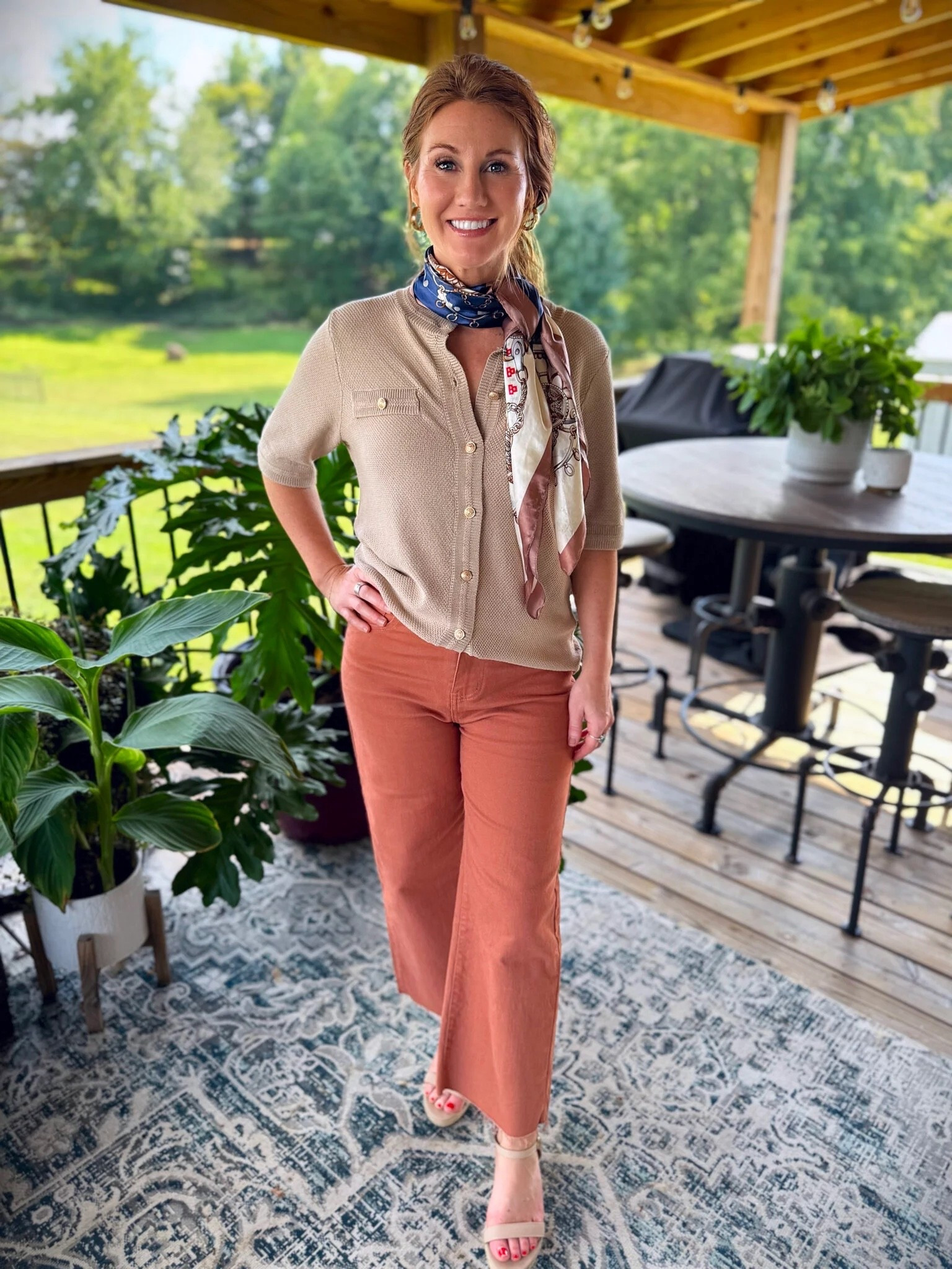 These frayed hem jeans (rust) are so flattering and come in several colors! Stephanie has styled them with a neutral crew cardigan (camel) and paired a fun scarf with it for a pop of color. Cardigan is a small and jeans are size 4. 

#LTKWorkwear #LTKStyleTip #LTKPetite