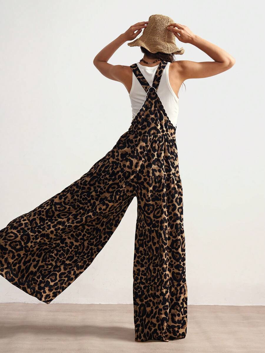 Bohemela BOHO Western Style Vacation Casual Knitted Leopard Print Wide Leg Bib Overalls | SHEIN