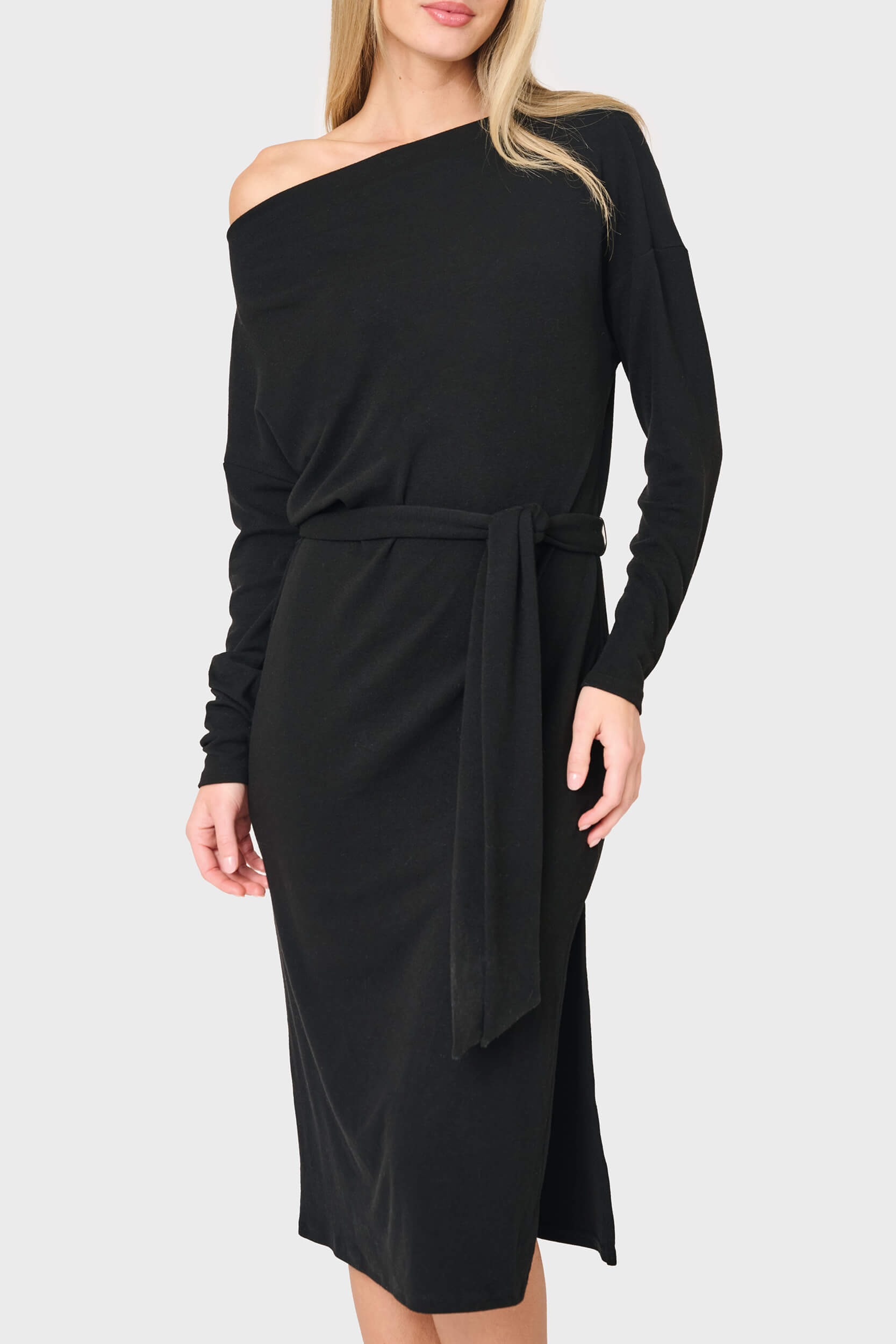 Open Neck Belted Soft Luxe Midi Sweater Dress | Soft Knit | Gibson