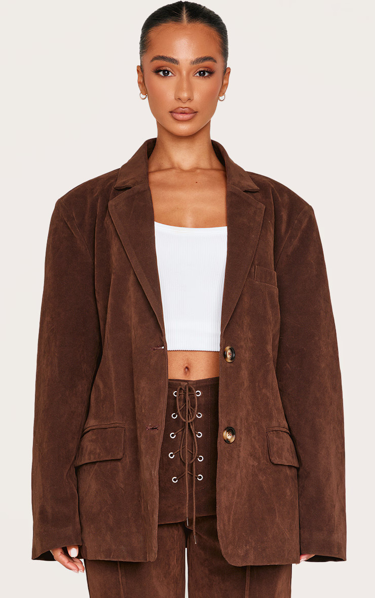 Petite Chocolate Faux Suede Longline Blazer | Petite | PrettyLittleThing US