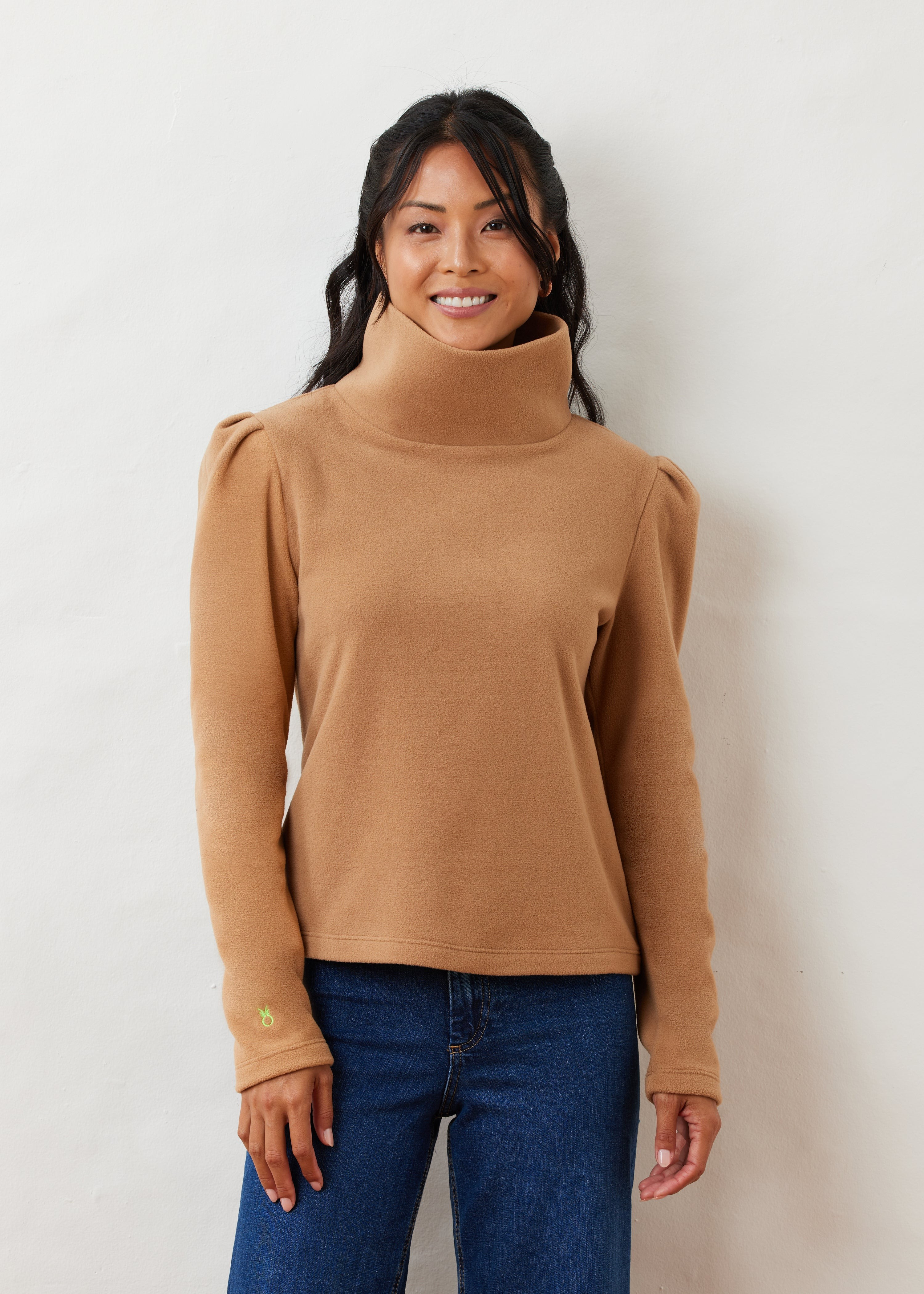 Palmer Puff Sleeve Turtleneck in Vello Fleece (Camel) | Dudley Stephens