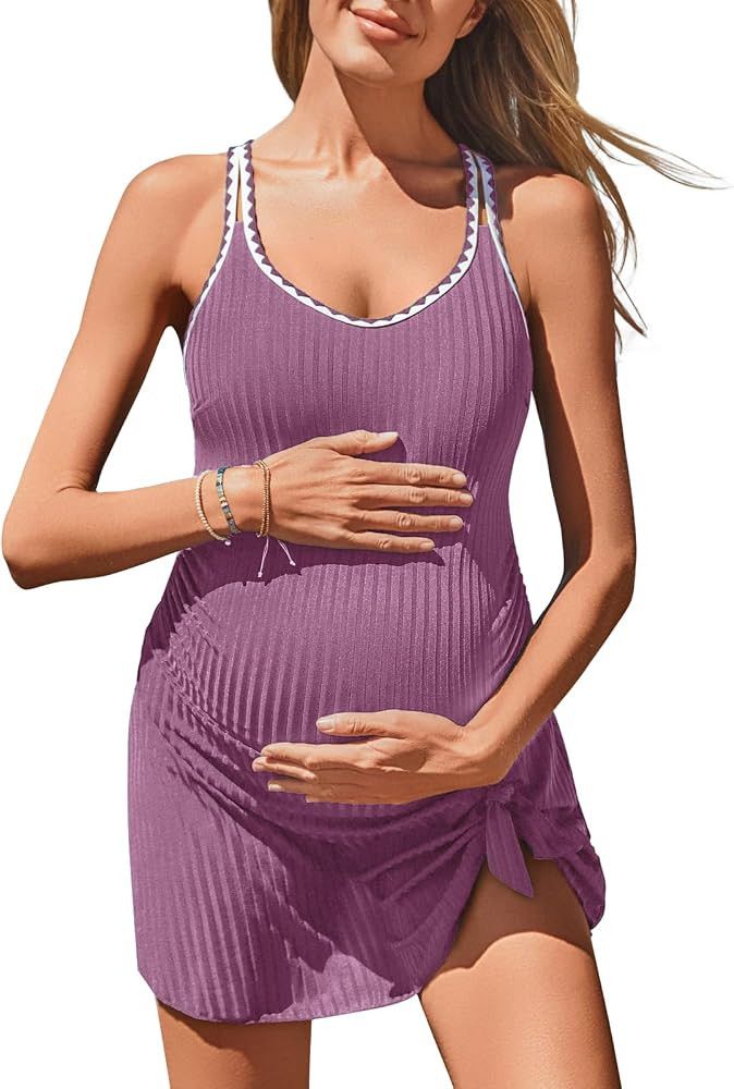 Summer Mae Ribbed Maternity One Piece Swim Dress Pregnancy Swimsuit with Built-in Bottom Swimwear... | Amazon (US)