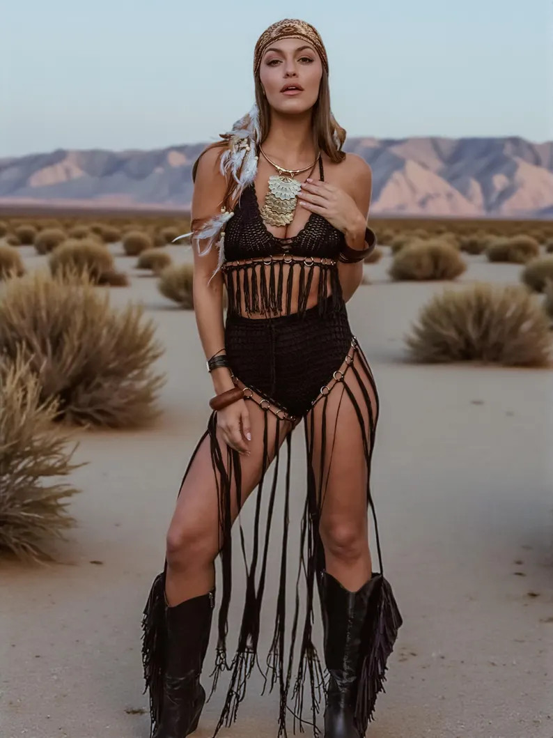 Crochet Festival Bikini Set, Hippie Festival Outfit, Crochet Fringe Cowgirl Set, Desert Goddess F... | Etsy (US)