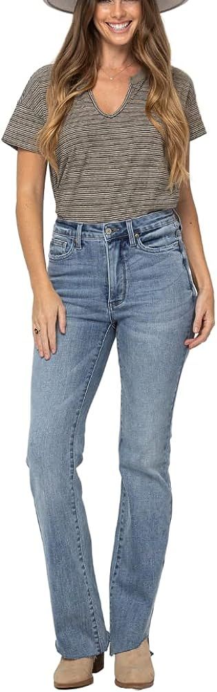 Judy Blue High Waist Control Top Raw Hem Slim Bootcut Jeans | Amazon (US)